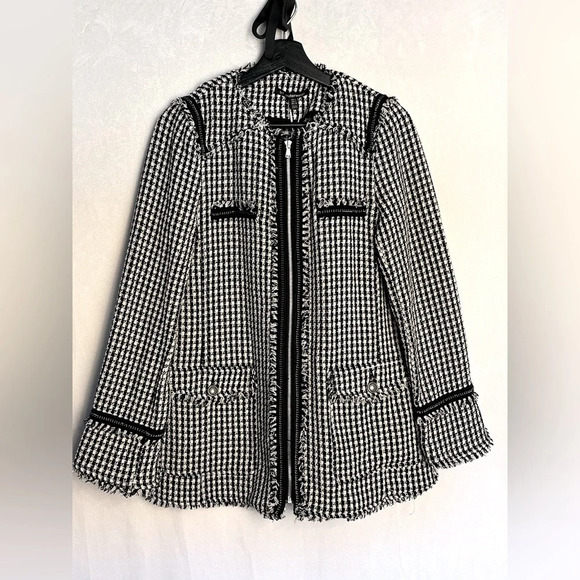 NWT Zara trf Outerwear Black White Tweed Chain Detailing Midi Coat Large - Picture 1 of 9